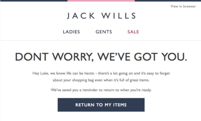 Jack Willis abandoned cart email example