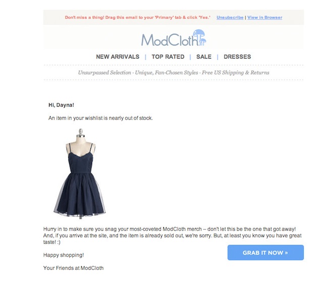 ModCloth's example of an abandoned cart email