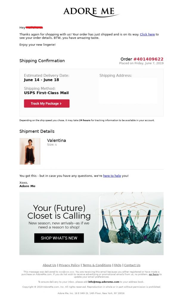 Adore Me brand confirmation email example