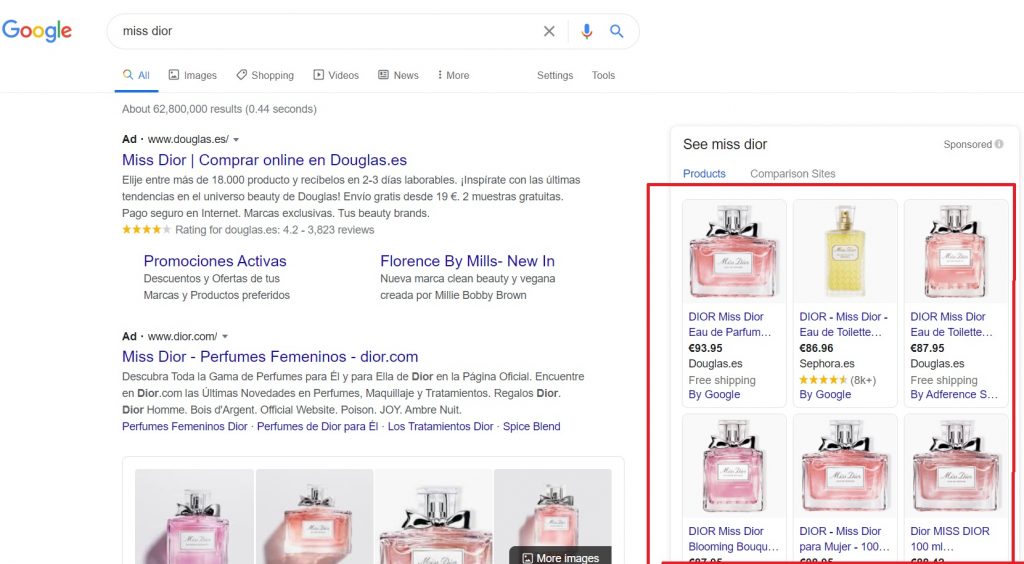 Google shopping example with a perfume brand