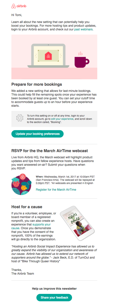 Newsletter from Airbnb informing about new settings
