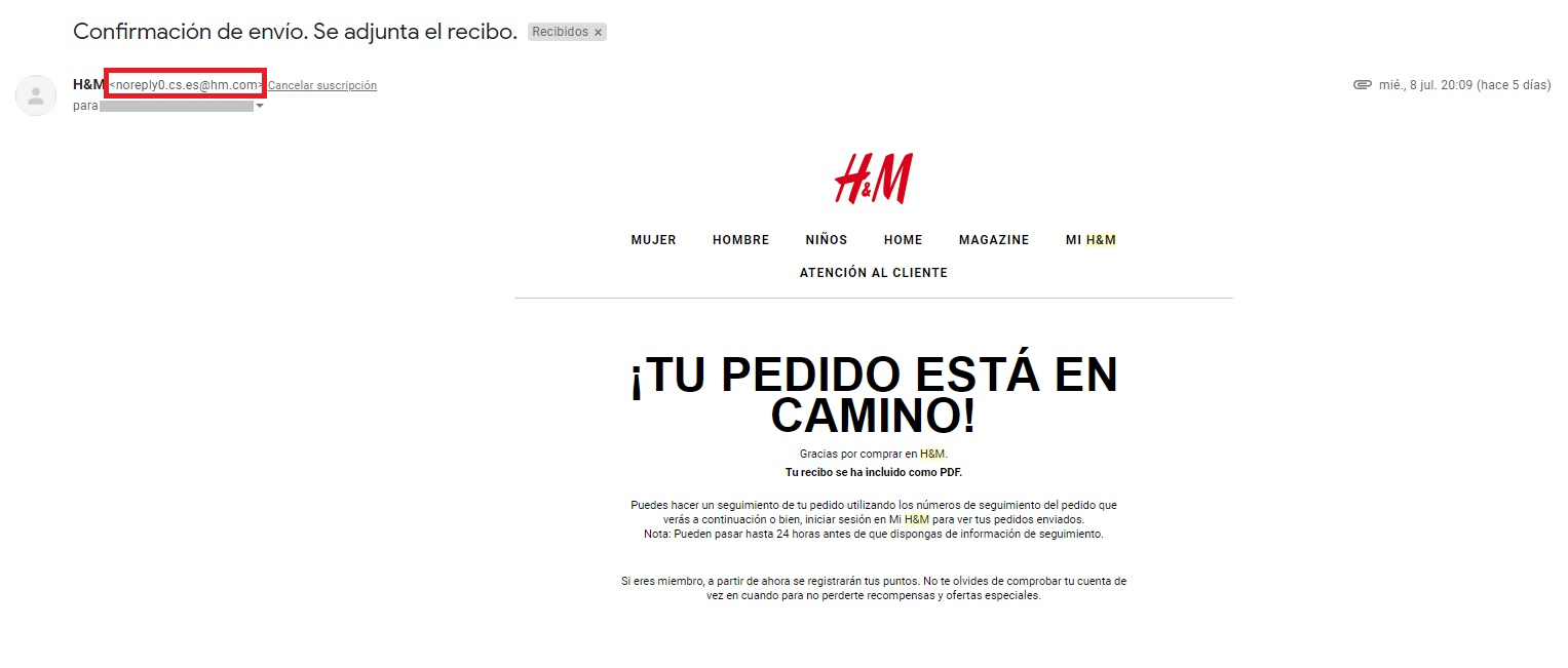 Ejemplo correo no-reply de H&M