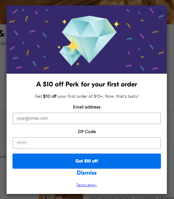 Exit popup containing a discount from Grubhub