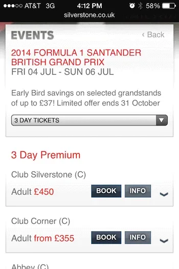 Página de reservas de la campaña de SMS de Silverstone